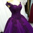Charming A-line Purple Lace Tulle Prom Dress Sexy Evening Dress Y882