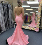 Robe de bal longue sirène en satin rose pour soirée Y1025