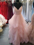 Romantisches rosa Abendkleid mit Spaghettiträgern, ausgestelltem Schnitt, gestuften Rüschen und Glitzereffekt Y1072
