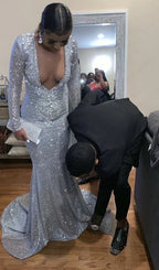 Elegant Silver Sequins Mermaid Evening Dress Sexy Charming Evening Gown Y808