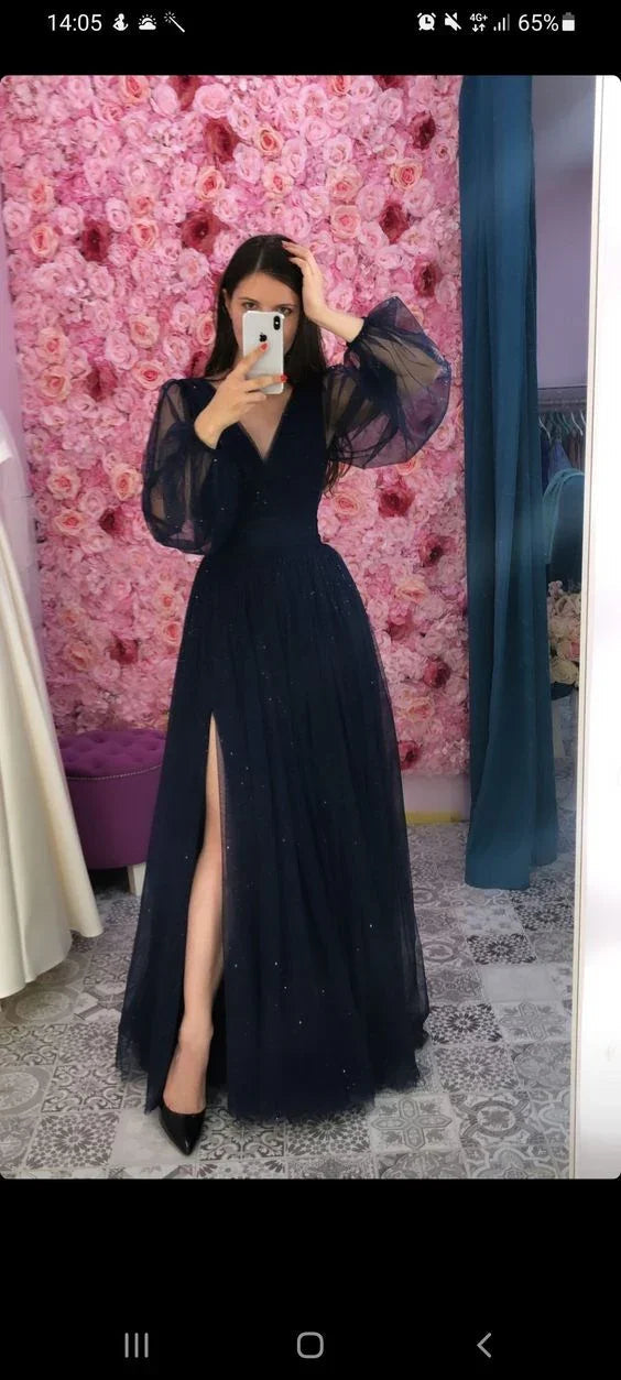 Women's Navy Blue  Prom Dress With Puffy Sleeves,Elegant V Neck Long Evening Dress Y1083