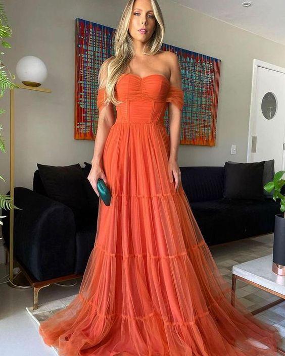 Elegantes langes Abendkleid aus orangefarbenem Tüll mit schulterfreiem Ausschnitt Y1059
