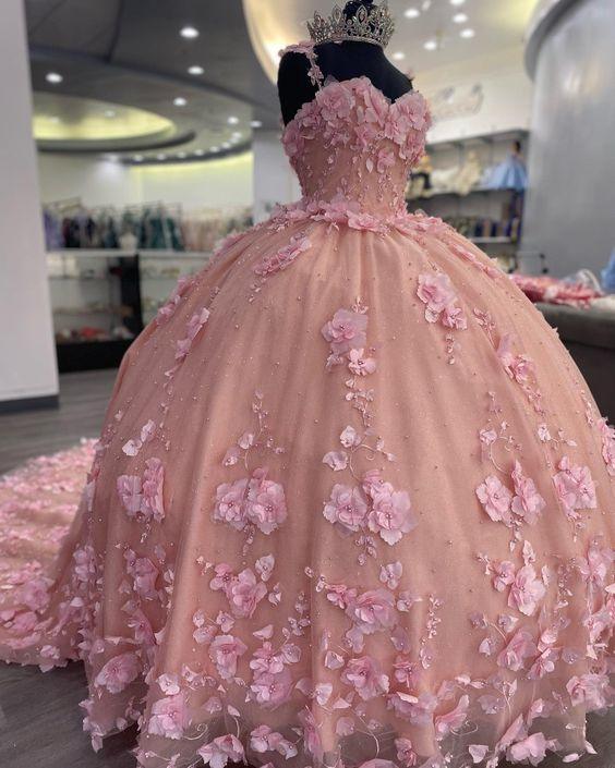 Vestido de Princesa Luxuoso Rosa com Aplicação 3D em Forma de Bola Vestido Doce 16 Y824