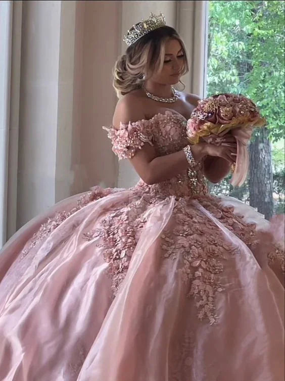 Vestido de baile rosa lujoso con escote barco, vestido de quinceañera, vestido para dulce dieciséis Y1114