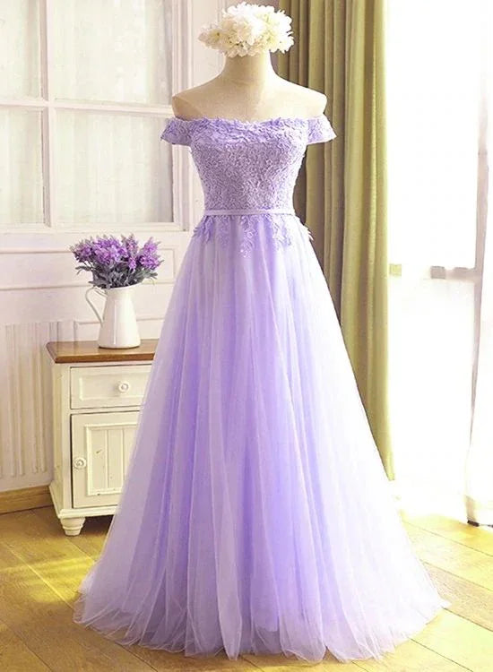 A-line Tulle Light Purple Off Shoulder Long Prom Dress Lace Applique Evening Dress Y918