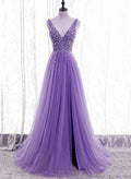 Vestido de fiesta morado con cuentas, escote en V, tul brillante, vestido de noche, vestido de baile de tul morado Y1008
