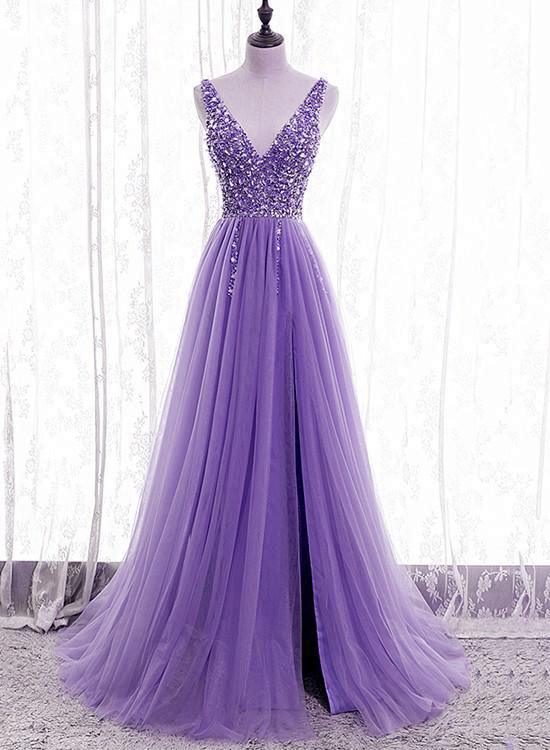 Vestido de fiesta morado con cuentas, escote en V, tul brillante, vestido de noche, vestido de baile de tul morado Y1008