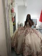 Robe de bal princesse bouffante cœur or rose Robe de 16 ans Appliqué perlé Robes de quinceañera Y827