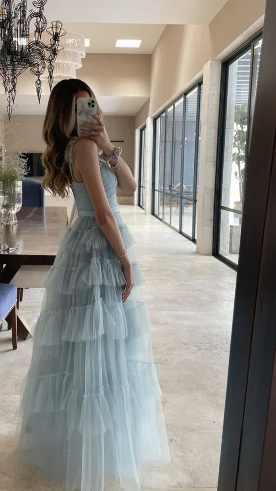 Elegantes blaues ärmelloses langes Ballkleid aus Tüll Großzügiges A-Linien-Kleid mit V-Ausschnitt Rosa Abendkleid Y1076