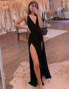 Robe de bal longue noire simple avec fente latérale robe de soirée Y1017