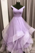Langes Abendkleid aus lila Tüll, A-Linie, Ballkleid Y911