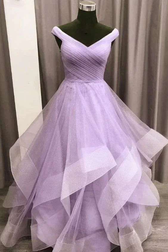 Langes Abendkleid aus lila Tüll, A-Linie, Ballkleid Y911