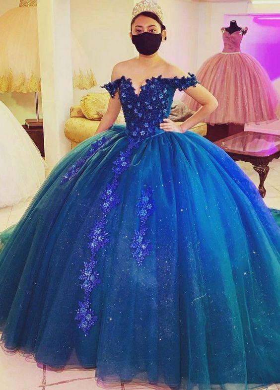 Robe de bal bleue élégante à épaules dénudées, robe de princesse Y1085