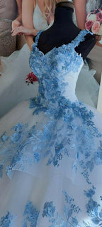 Vestido de Baile Azul Flores de Inverno e Tule Branco, Vestido Doce 16 Y758
