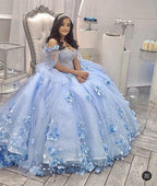 Robe de Quinceañera bleu clair à épaules dénudées avec fleurs 3D, perles, jupe bouffante, robe de princesse pour fête douce seize ans, robe de bal bleu clair Y1088