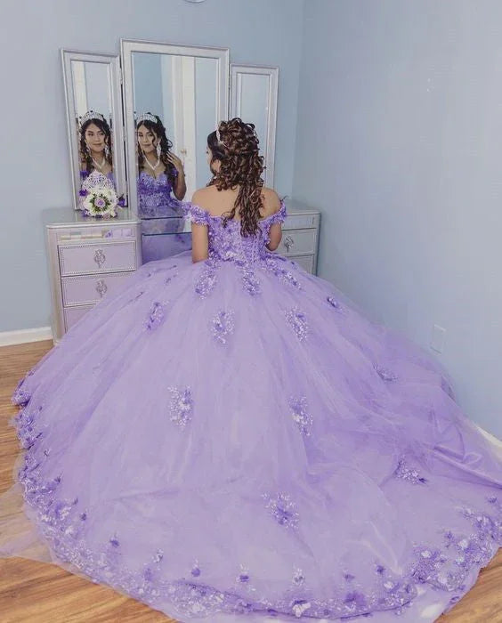 Robe de bal ample à épaules dénudées avec appliques lavande, robe de quinceañera Y1079