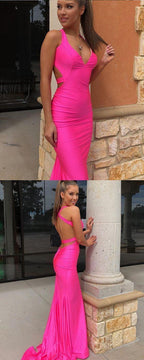 Robe de soirée sirène longue simple en satin rose vif à col halter Y942