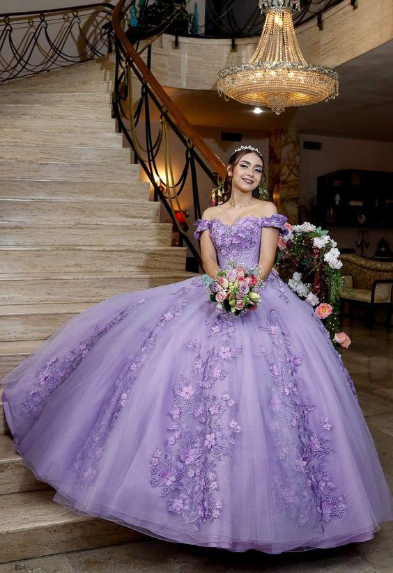 Vestido de gala con aplicaciones florales y escote barco en lavanda, vestido dulce 16 años, vestido de princesa lavanda Y900