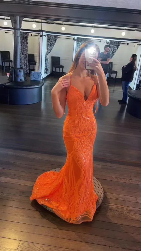 Orange Meerjungfrau V-Ausschnitt Spaghettiträger Abendkleid Reizvolles Ballkleid Y843