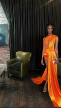 Robe de fête sexy en satin orange sans manches, tenue pour le 21e anniversaire, robe de soirée sexy Y782