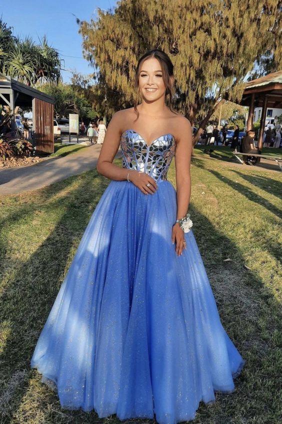 Blue Tulle Sequins Long Prom Dresses A-Line Strapless Evening Dresses Y944