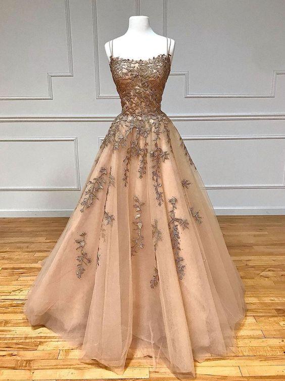 Champagne tulle lace long prom dress champagne evening dress Y920