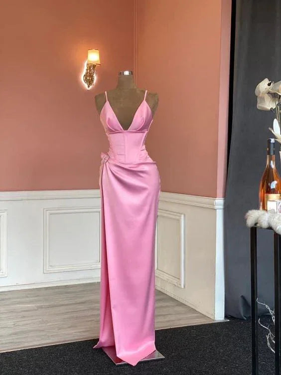 Elegantes rosa ärmelloses Abendkleid mit Spaghettiträgern Rosa Festkleid Y817