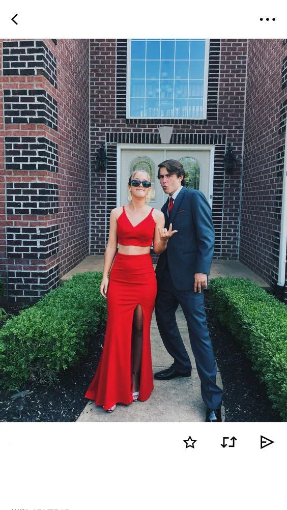 Elegant Two Piece Red Prom Dress Sexy Evening Dress Y1097