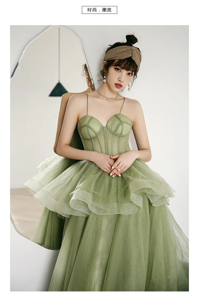 Vestido de baile de gala primavera verde-sálvia com alças S21224