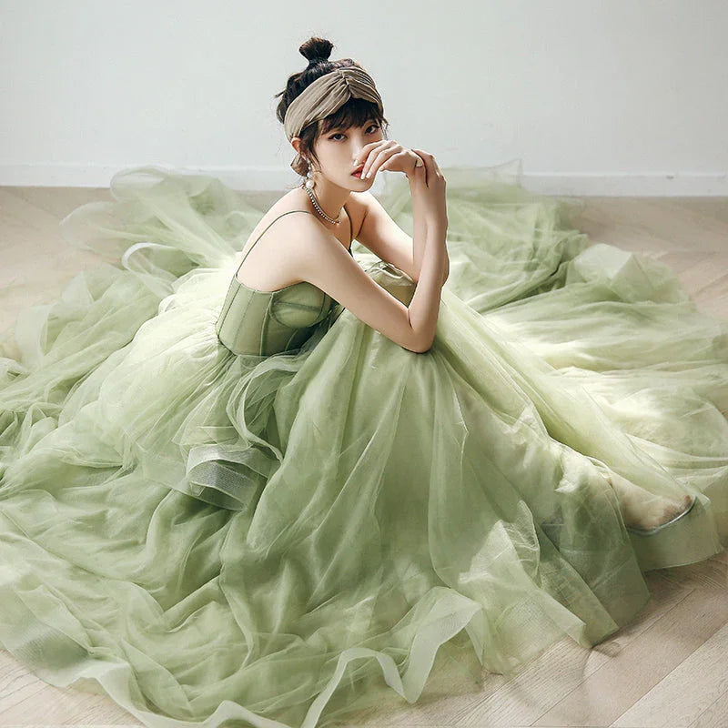 Vestido de baile de gala primavera verde-sálvia com alças S21224