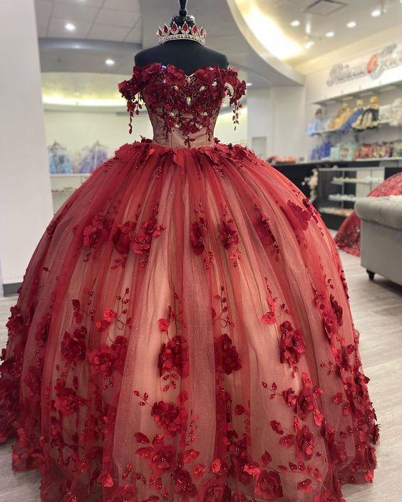 Robe de Quinceañera à épaules dénudées scintillante avec fleurs en relief 3D et traîne, robe de bal Y1448