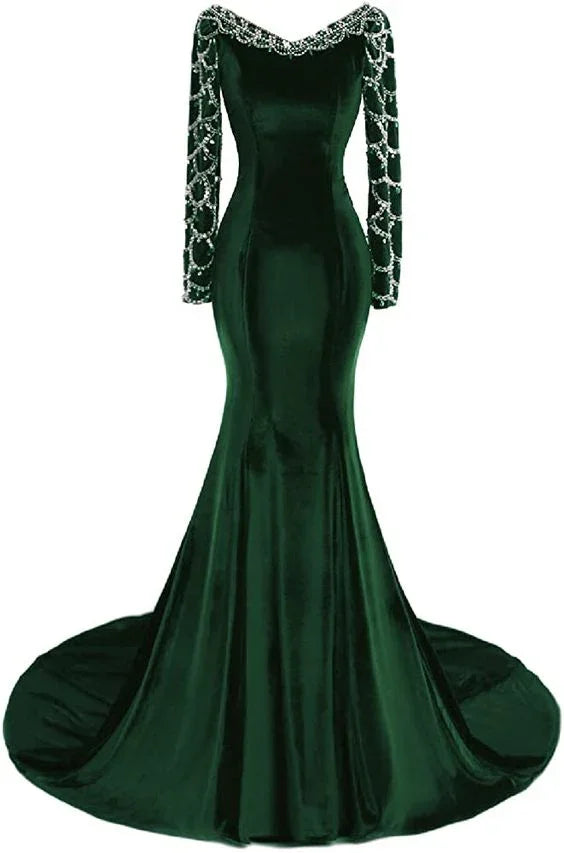 Vestido de noche verde oscuro de sirena para mujer con mangas largas Y1444
