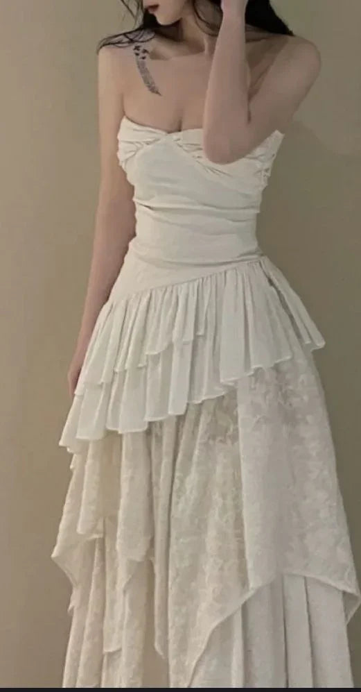 Strapless White Irregular Side Prom Dress,Chic White Evening Dress Y1815