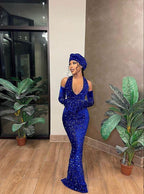 Robe de bal longue en sequins bleu royal, robe de soirée élégante bleu royal, robe de concours Y1833