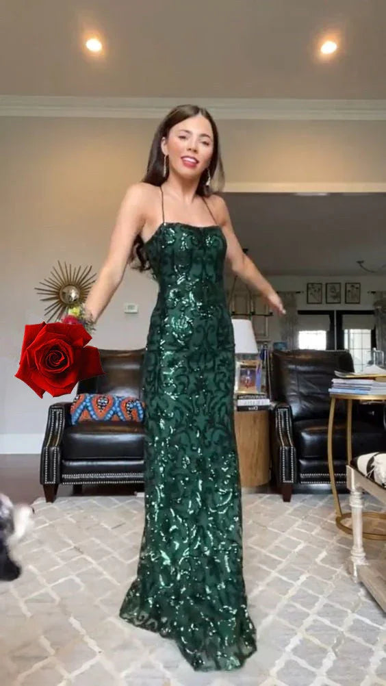 Robe de bal verte à sequins, coupe droite/étroite, robe de soirée charmante Y1830