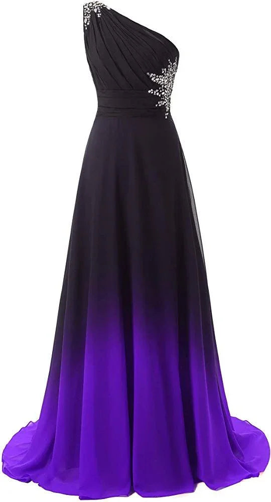 Ein-Schulter-Ombré-Lange-Abendkleider Chiffon Hochzeitsfeier Kleider Y1825