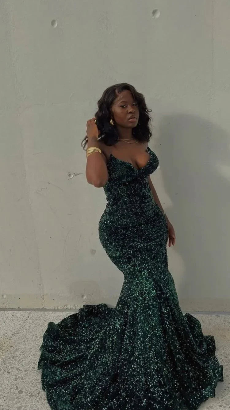 Emerald Green Prom Dresses Long,Sparkly Sequins Evening Dresses Y1821