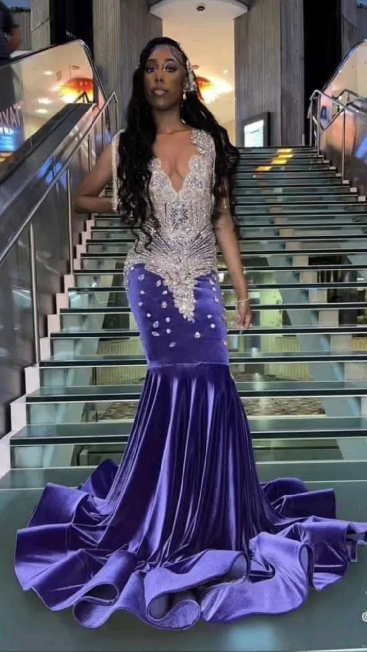 Vestido de baile roxo e prateado para rapariga negra vestido de noite sensual Y1710