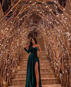 Robe de soirée en velours vert à une manche avec fente haute Robe de bal verte ample Y563