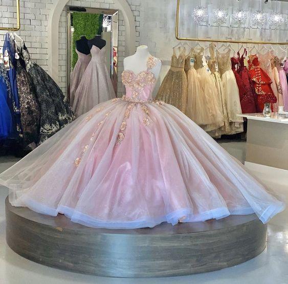 Vestido de Princesa em Tule Cor-de-Rosa Vestido de Baile Cor-de-Rosa Elegante com Aplicações Vestidos de Quinceañera Y580