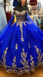 Vestido de baile em tule azul real com renda dourada Vestido de 16 anos Y530
