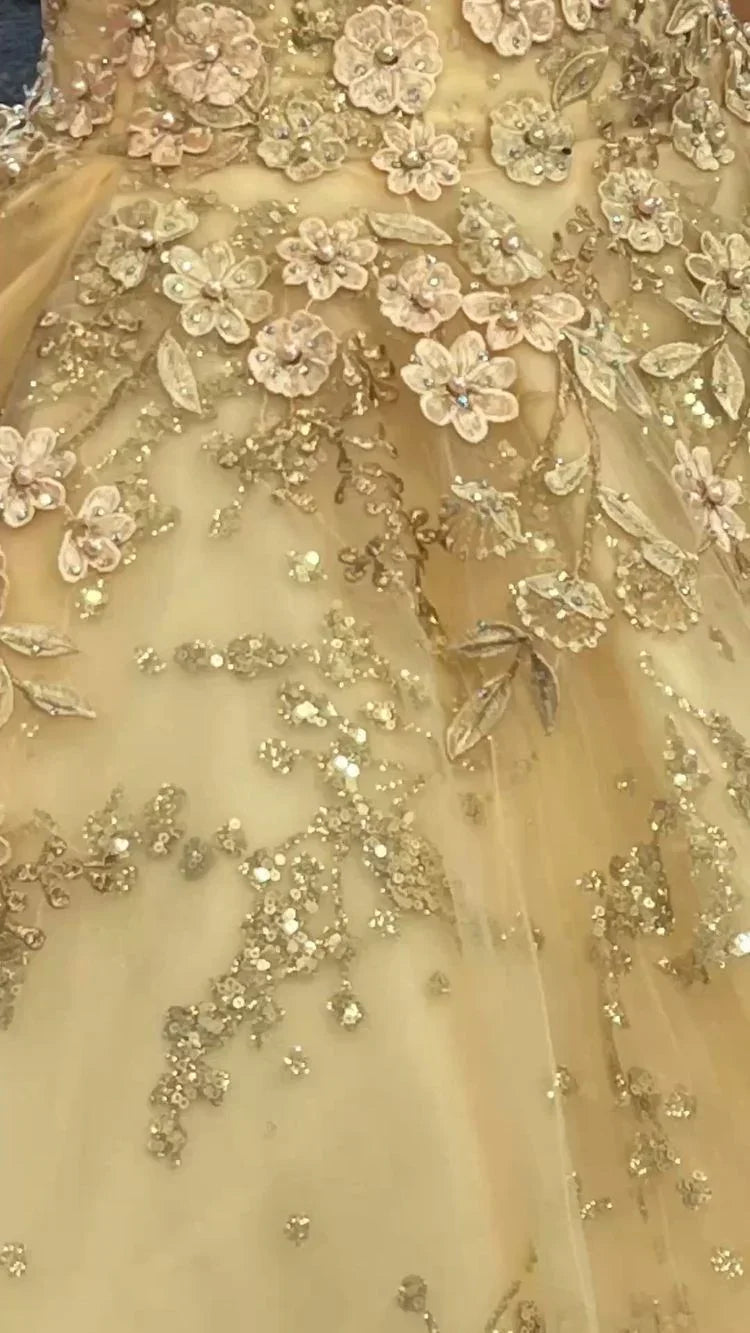 Vestido Luxuoso de Champanhe com Decote em V para Quinceanera Vestido de Princesa Vestido de Baile de Champanhe Y593