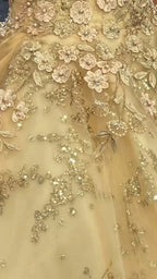 Vestido Luxuoso de Champanhe com Decote em V para Quinceanera Vestido de Princesa Vestido de Baile de Champanhe Y593