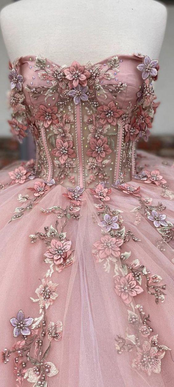 Pink Tulle Floral Appliques Ball Gown Sweet 16 Dress Y527