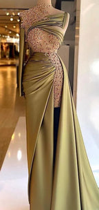 Robe de bal longue en satin vert olive à une manche style sirène Robe de soirée charmante Y520