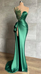 Vestido largo formal de noche con escote en V profundo, cuentas, verde esmeralda, vestido de gala con abertura alta Y596