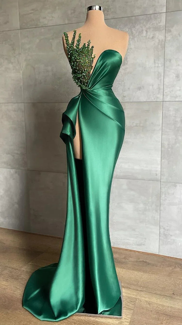 Vestido largo formal de noche con escote en V profundo, cuentas, verde esmeralda, vestido de gala con abertura alta Y596