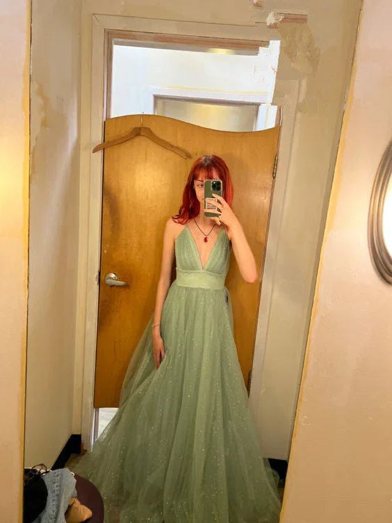 Vestido largo de fiesta verde con escote en V y corte en línea A, sin mangas, vestido de noche Y621