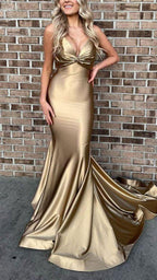 Robe de soirée longue sirène dorée éblouissante à fines bretelles Y609