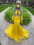 Robes de soirée jaune sirène à décolleté plongeant avec appliques Y570